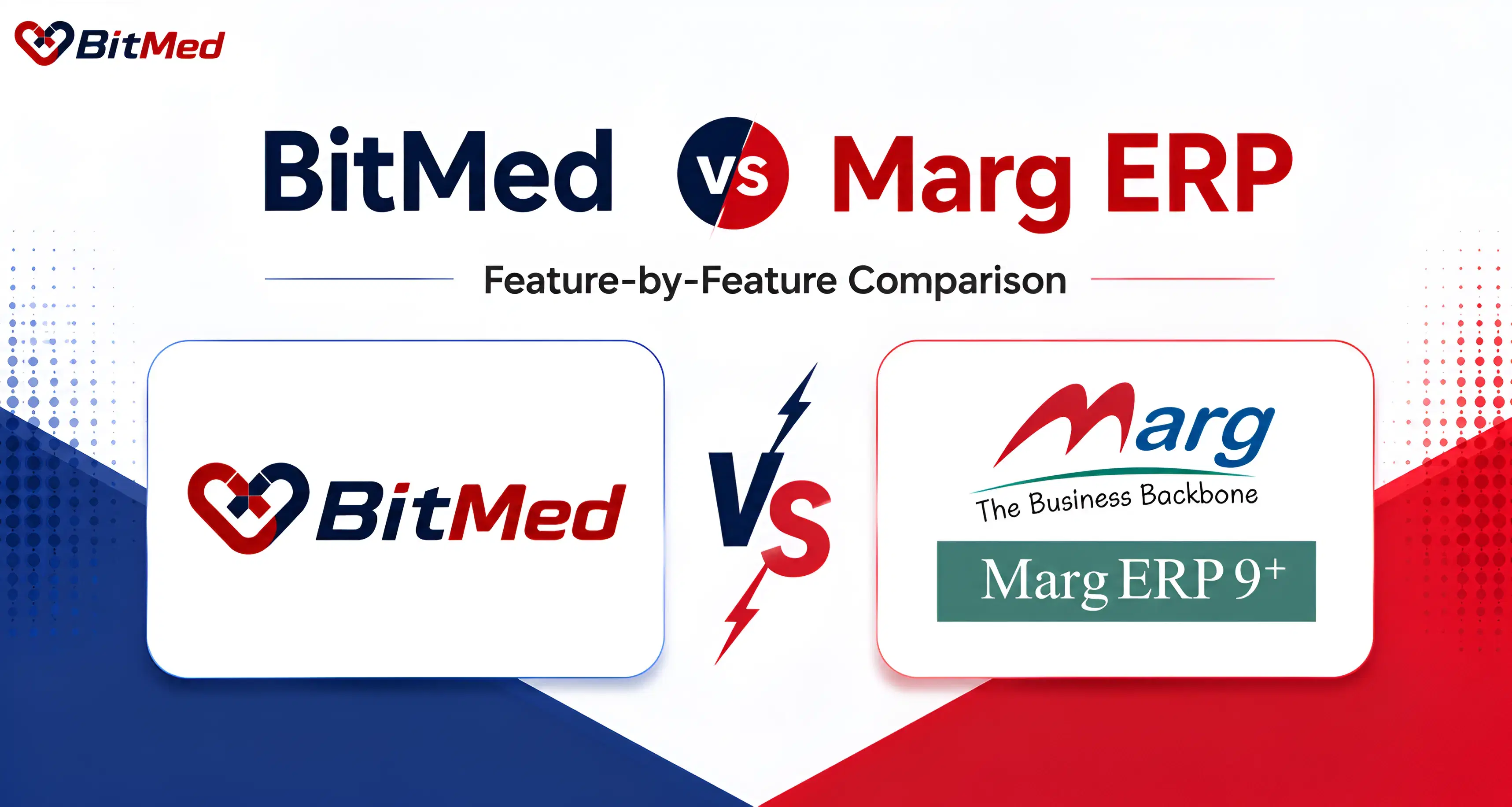 BitMed vs Marg ERP feature-by-feature comparison — the BitMed and Marg ERP 9+ logos side by side