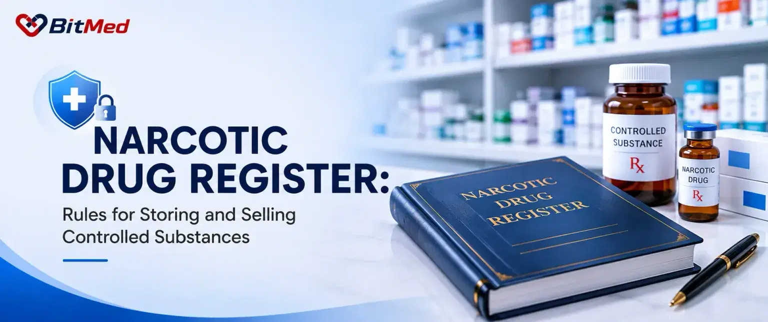 A bound narcotic drug register open on a pharmacy counter beside labelled controlled-substance bottles.