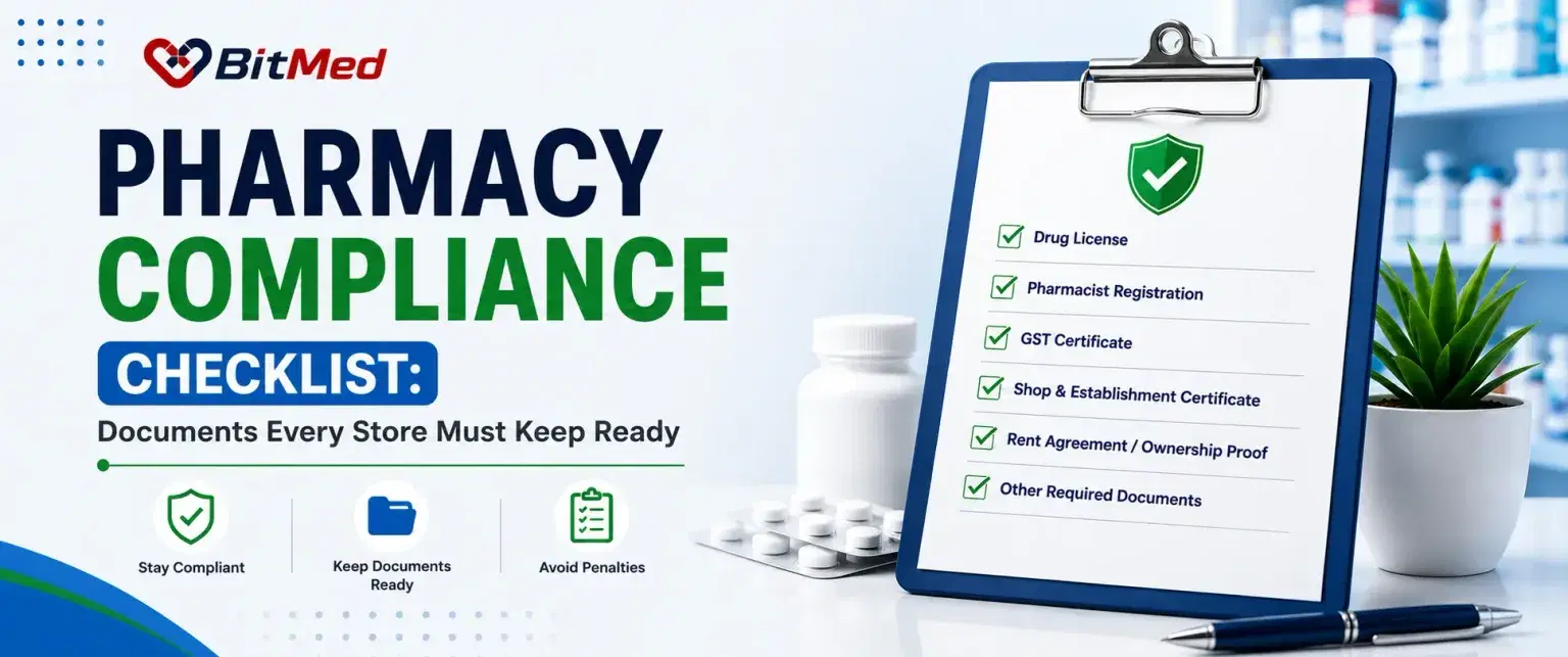 Pharmacy Compliance Checklist — a clipboard listing the documents a pharmacy must keep ready for inspection