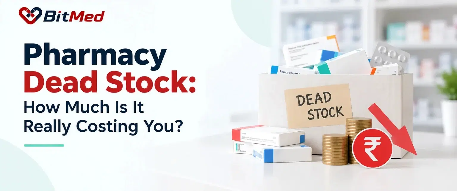 Pharmacy dead stock — a carton of unsold medicine strips labelled DEAD STOCK beside stacked coins and a falling rupee arrow