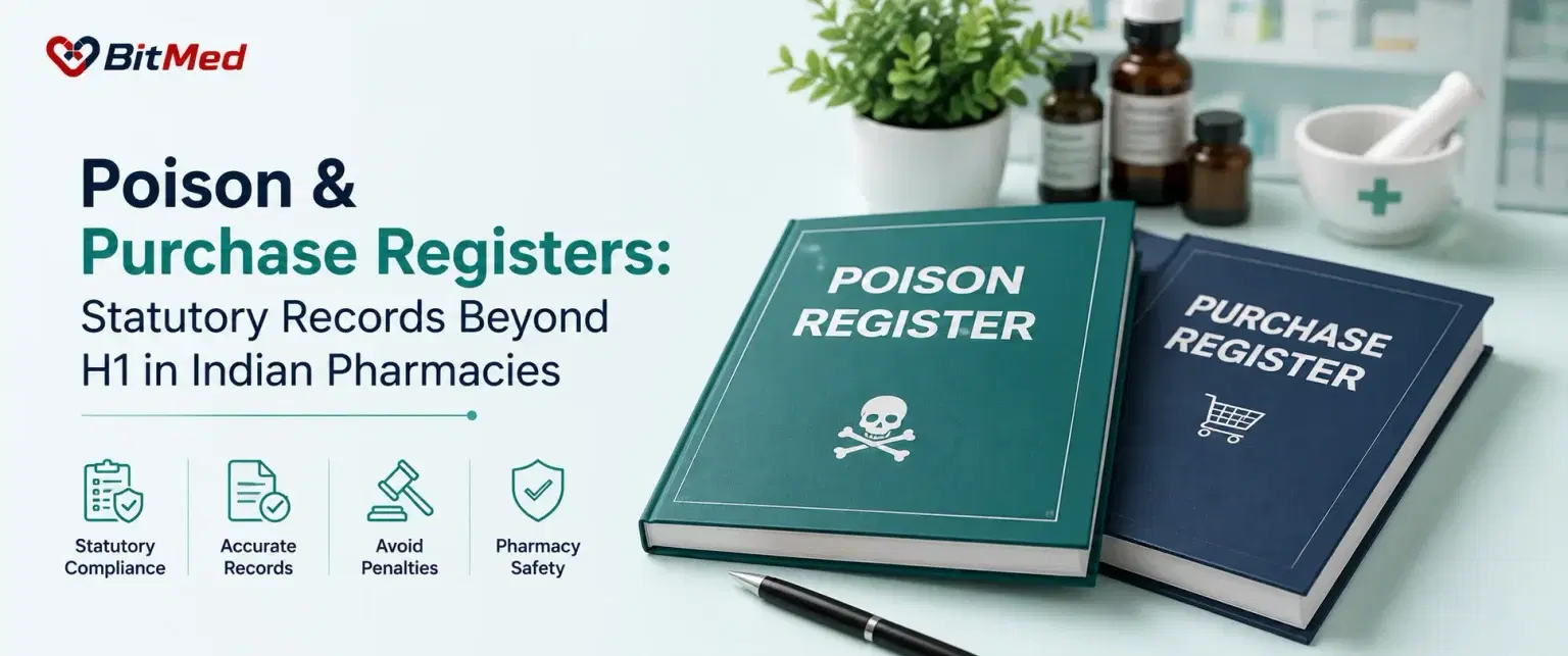 Poison & Purchase Registers: Statutory Records Beyond H1 in Indian Pharmacies — a bound poison register and purchase register on a pharmacy counter.