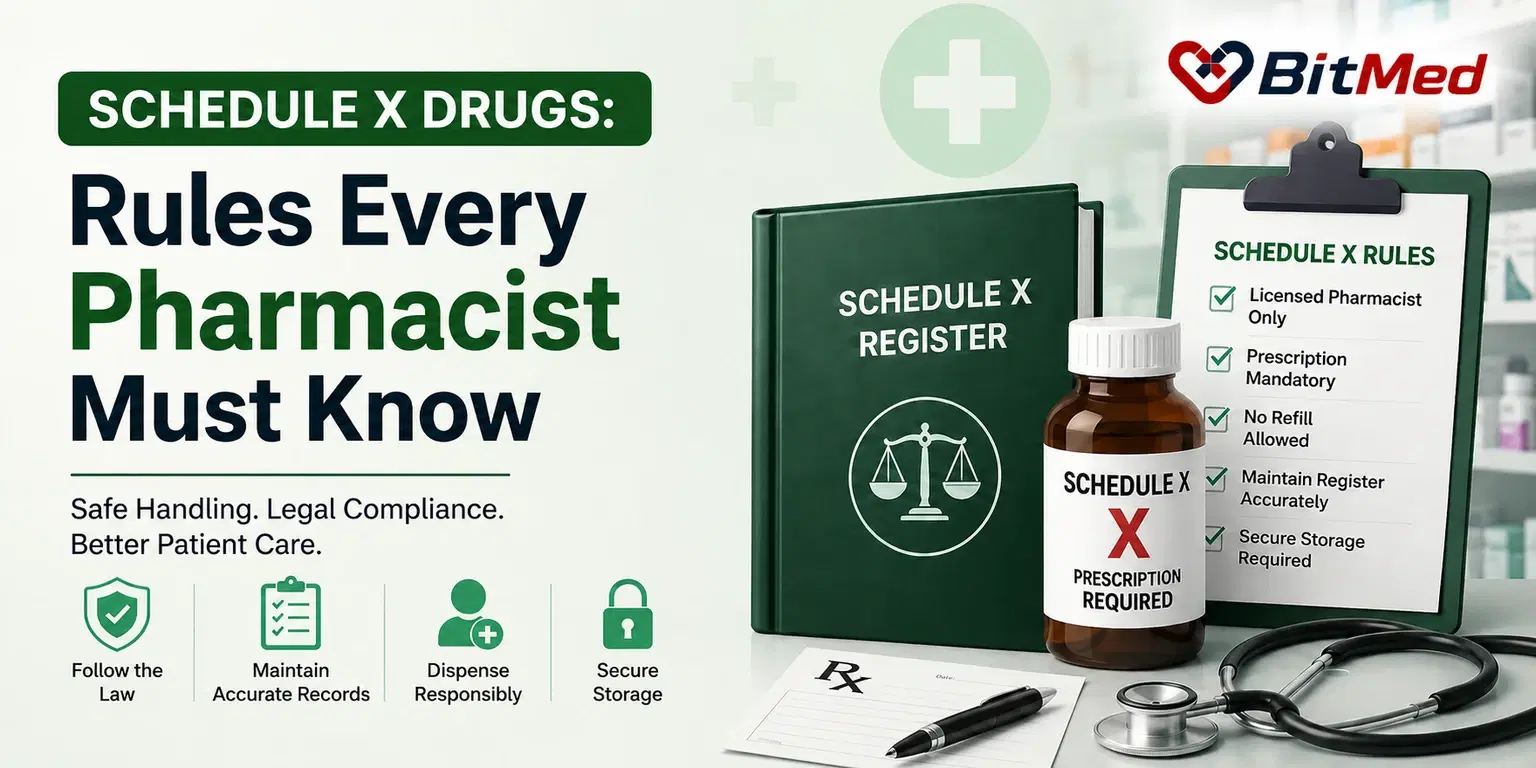 Schedule X drugs in India — a Schedule X register, a prescription-required medicine bottle, and a pharmacist compliance checklist.