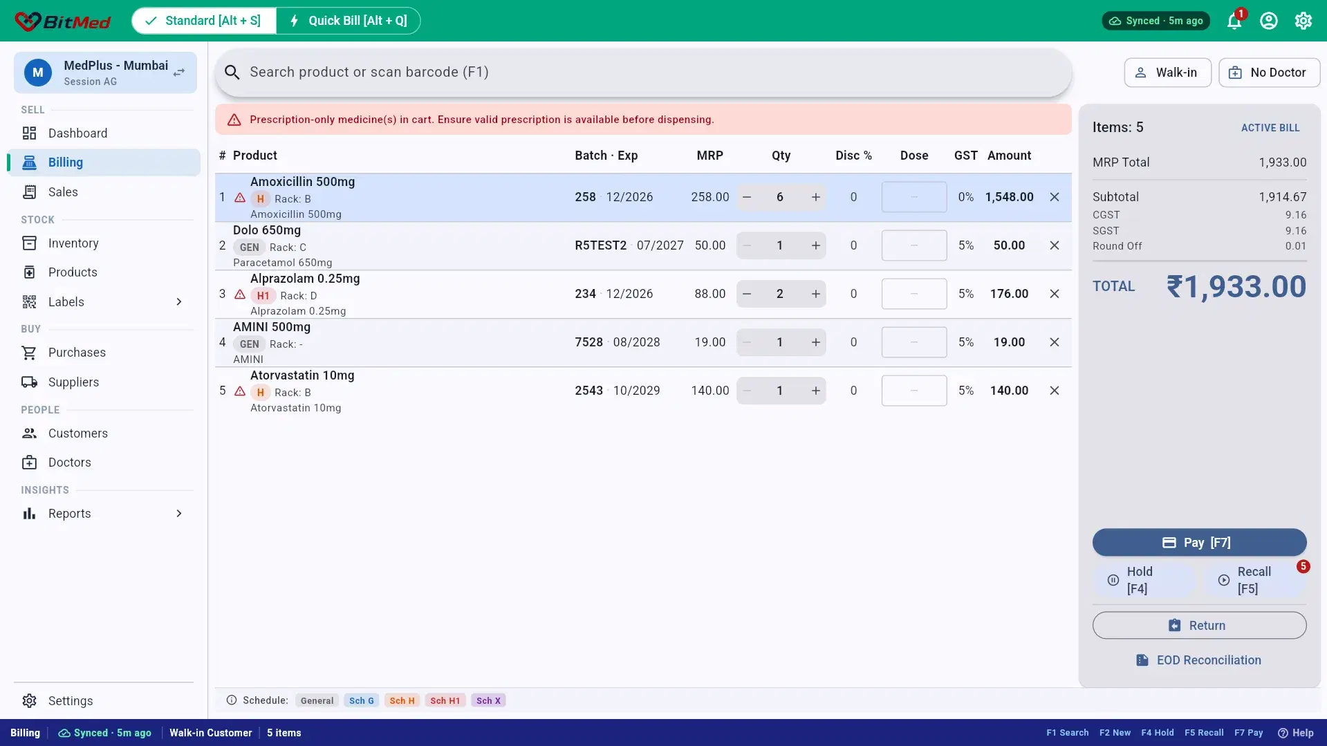 Multi-item bill with totals