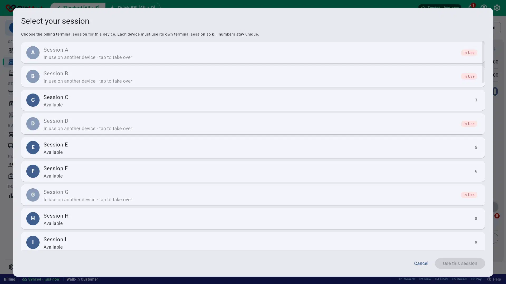 Select your session, opened from the store name in the sidebar