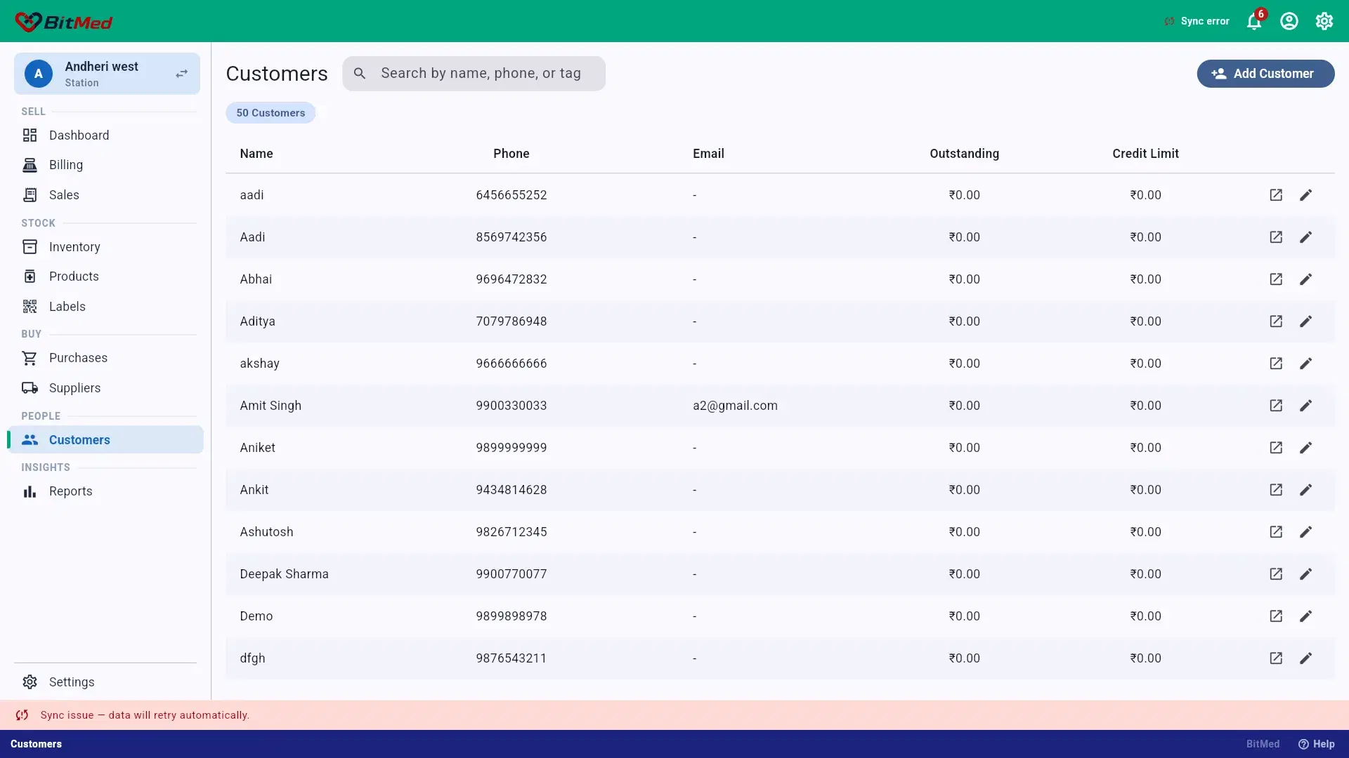 Customers list