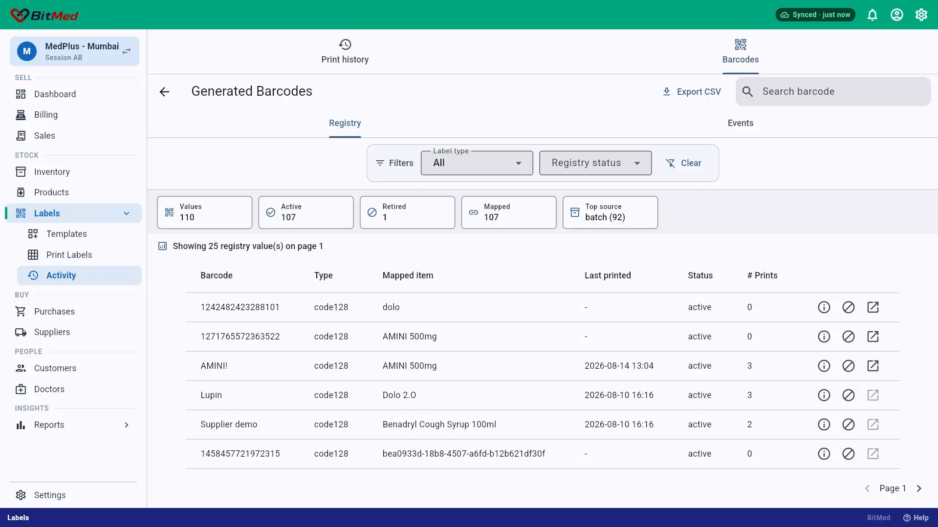 Generated Barcodes registry