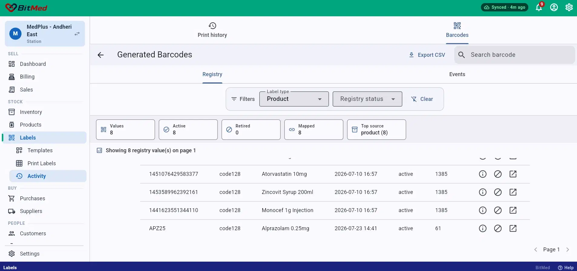 Generated Barcodes registry
