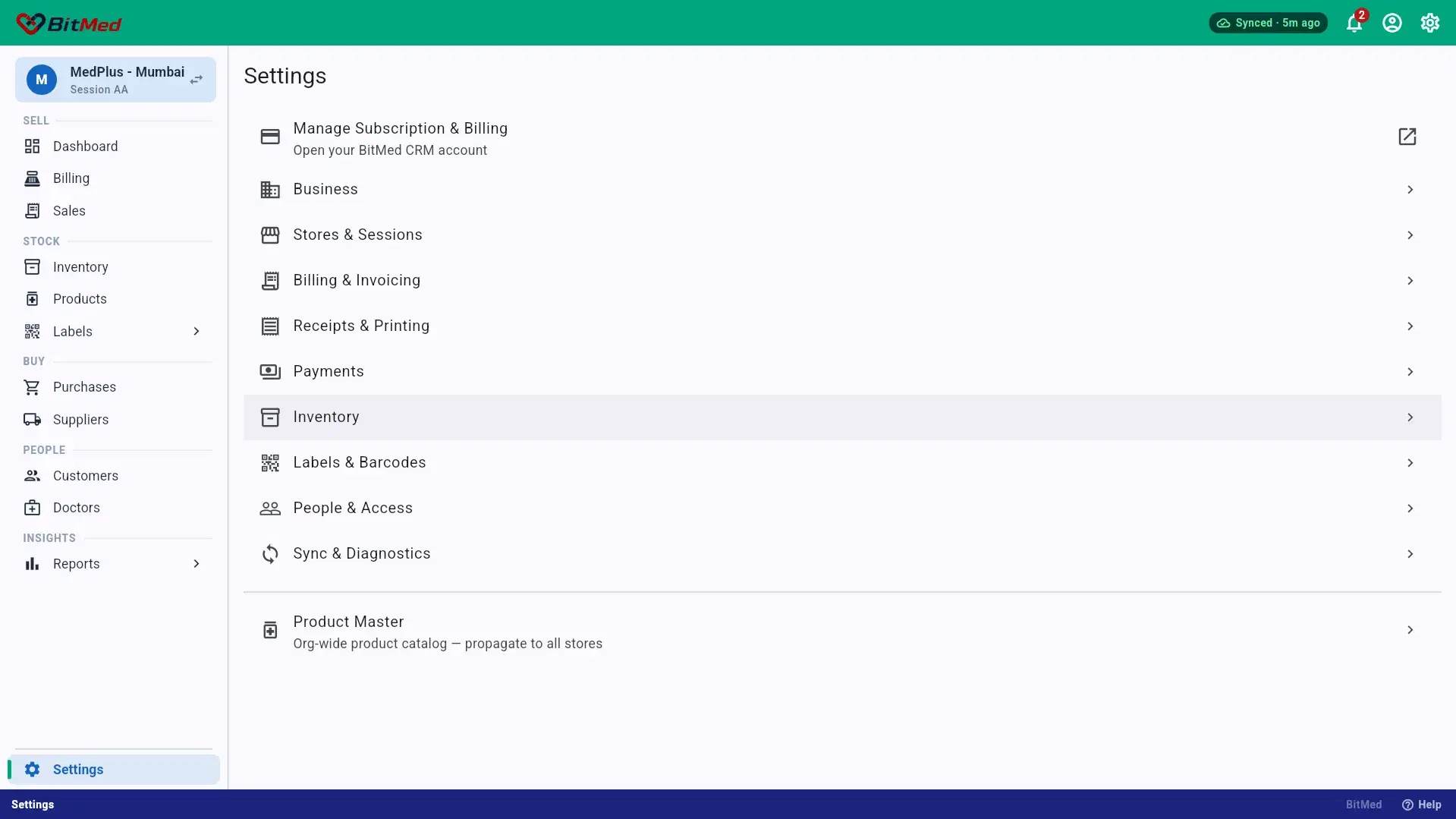 BitMed Settings Screen