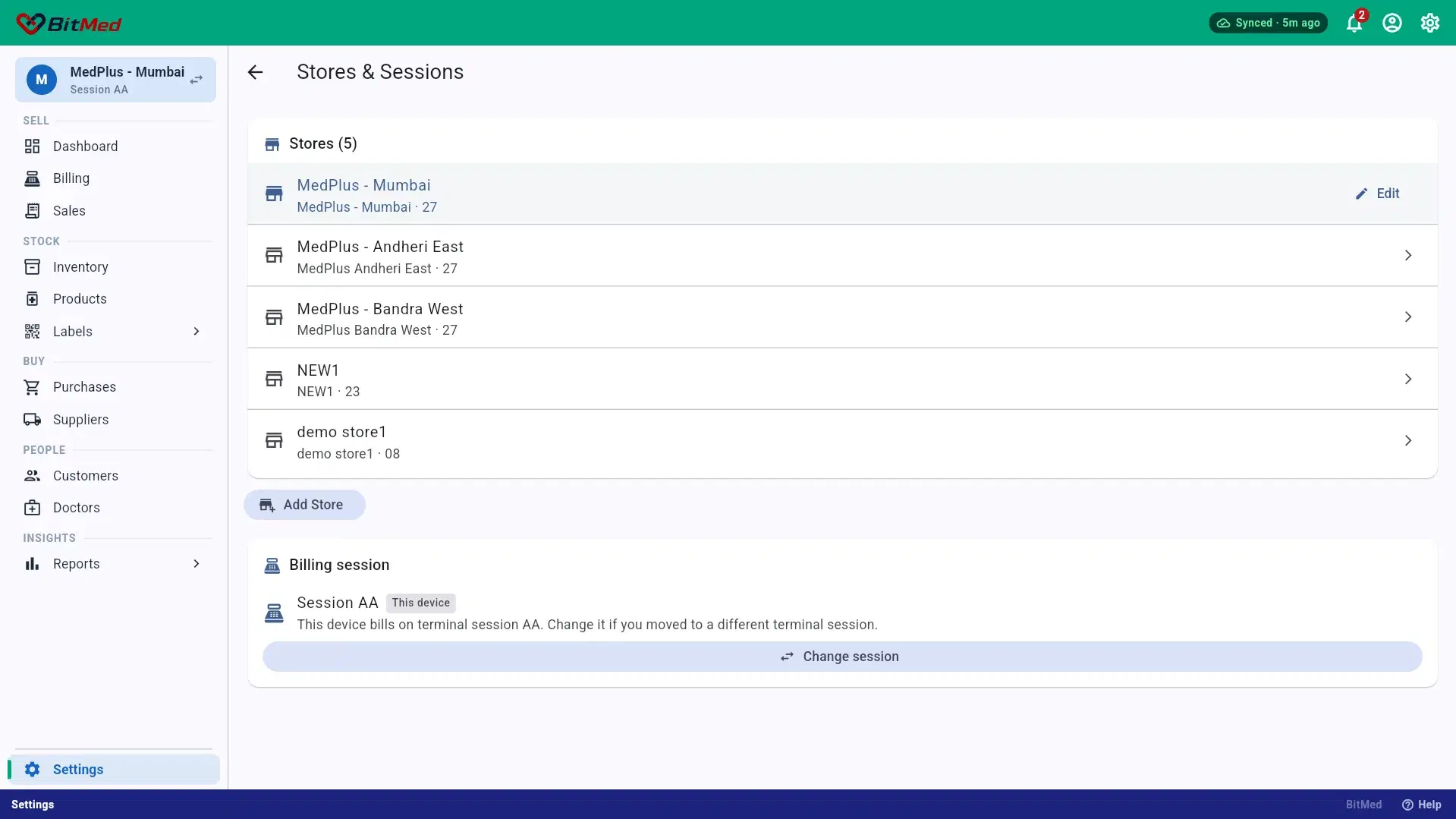 Stores and Sessions Screen