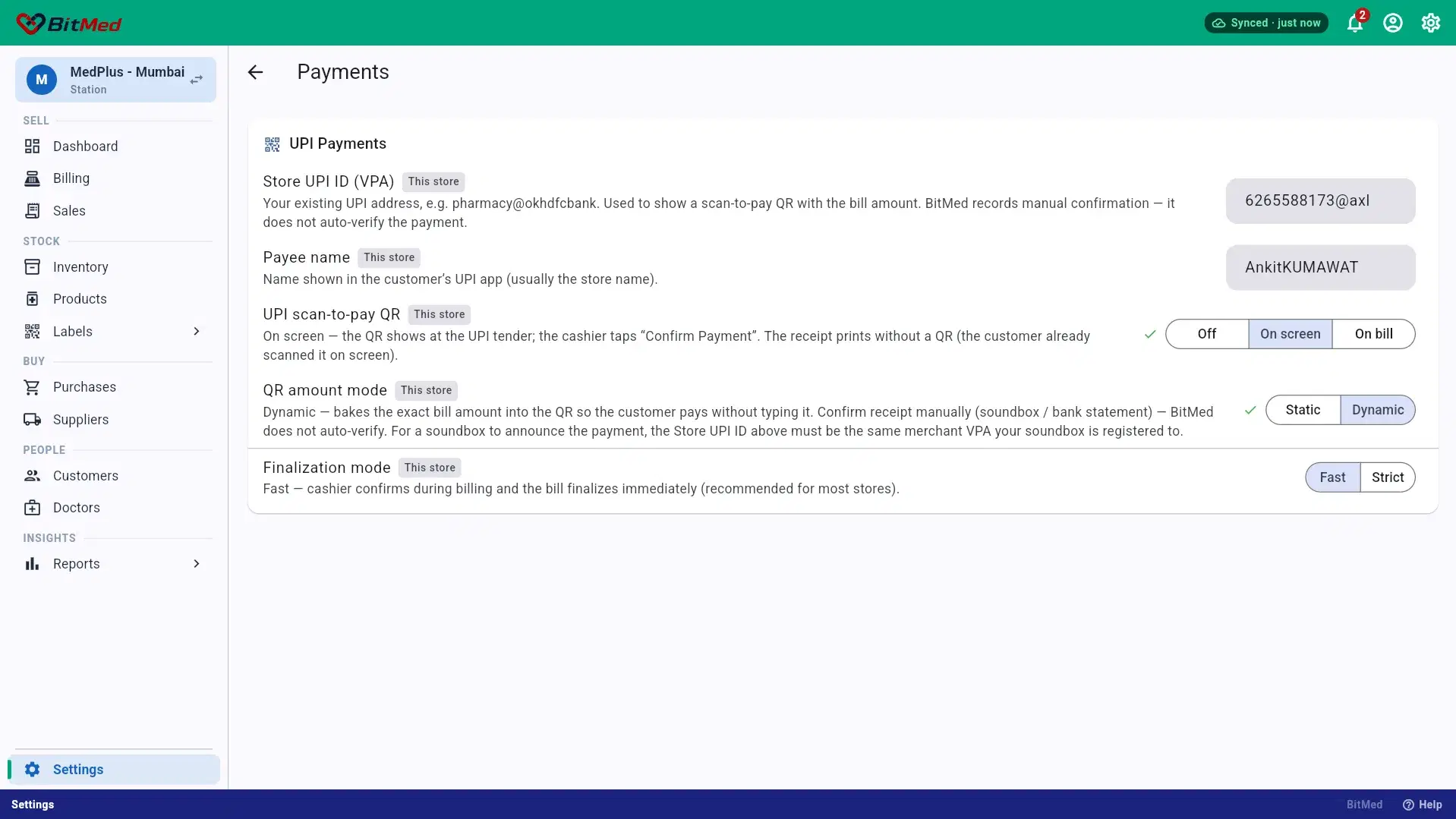 Payments Settings Screen