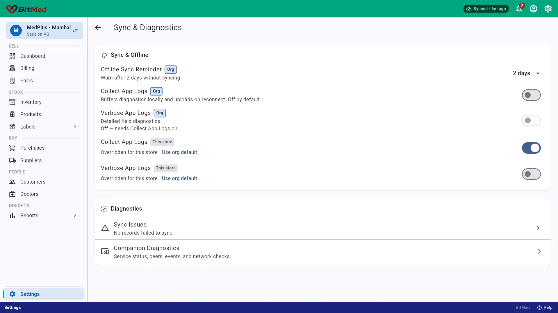 Sync & Diagnostics Screen