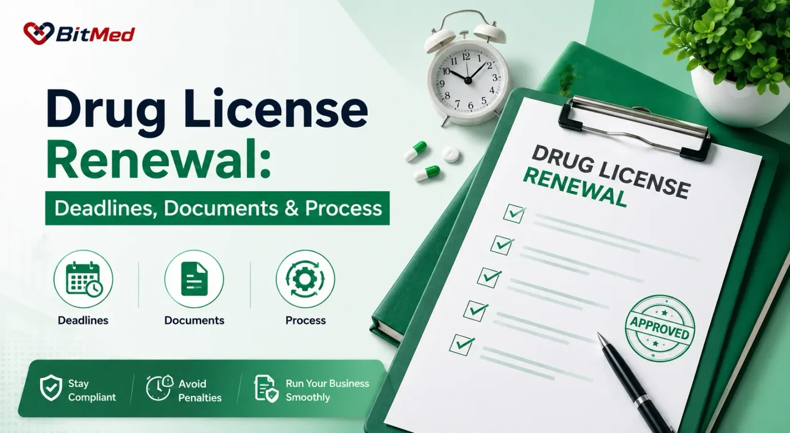 Drug License Renewal: Deadlines, Documents & Process — a drug licence renewal checklist on a clipboard beside an alarm clock and an approved stamp.