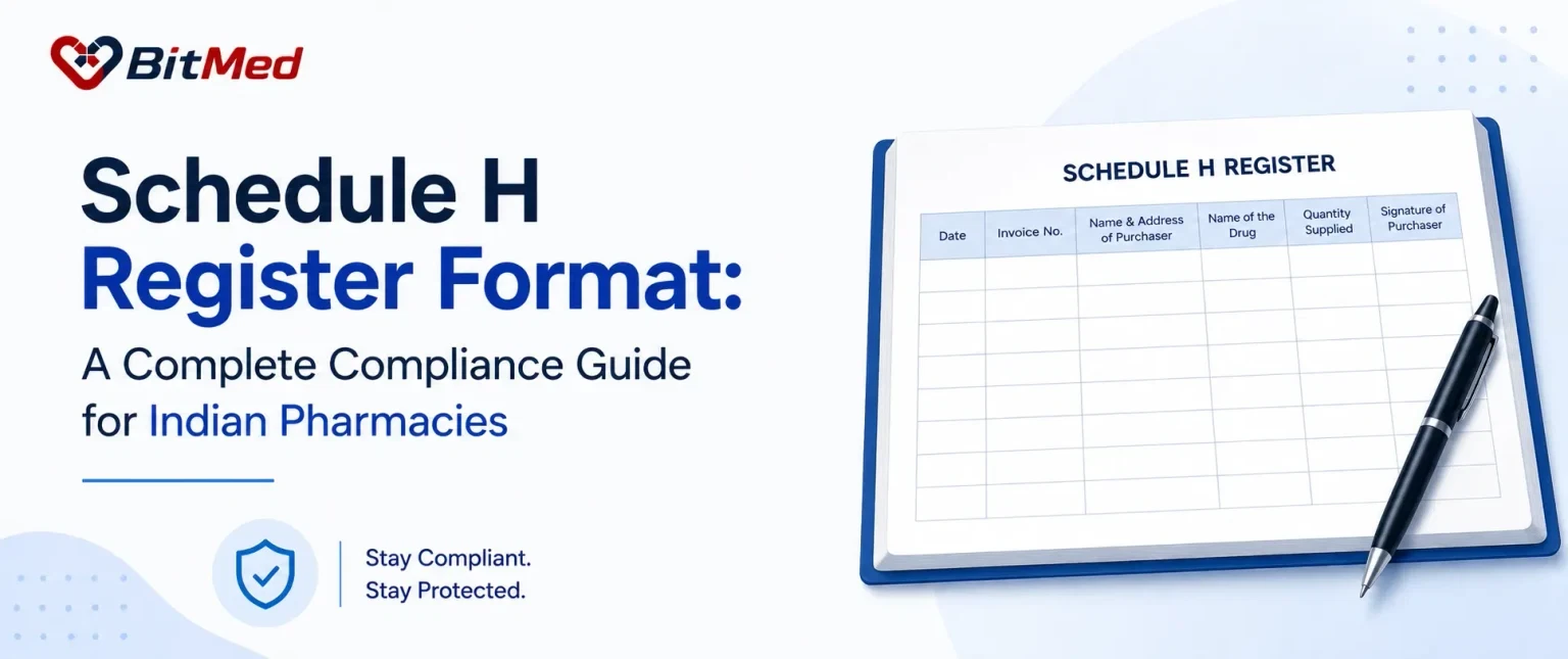 Schedule H Register Format: A Complete Compliance Guide for Indian Pharmacies — a ruled Schedule H register with columns for date, invoice number, purchaser, drug, quantity and signature.
